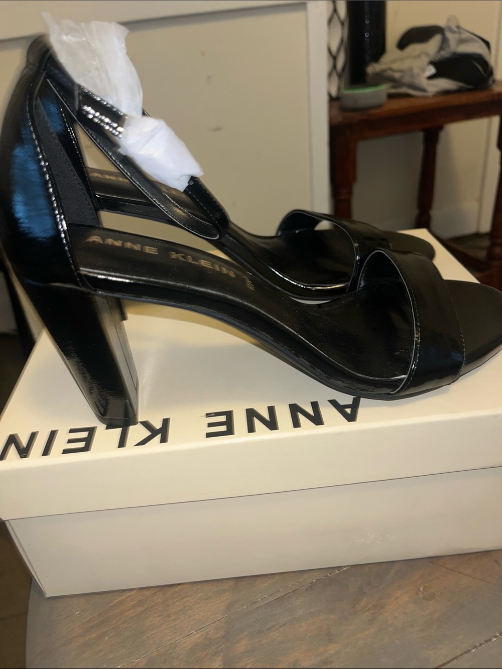 Anne Klein Black Patent Ankle-Strap Block Heels - Picture 2 of 5